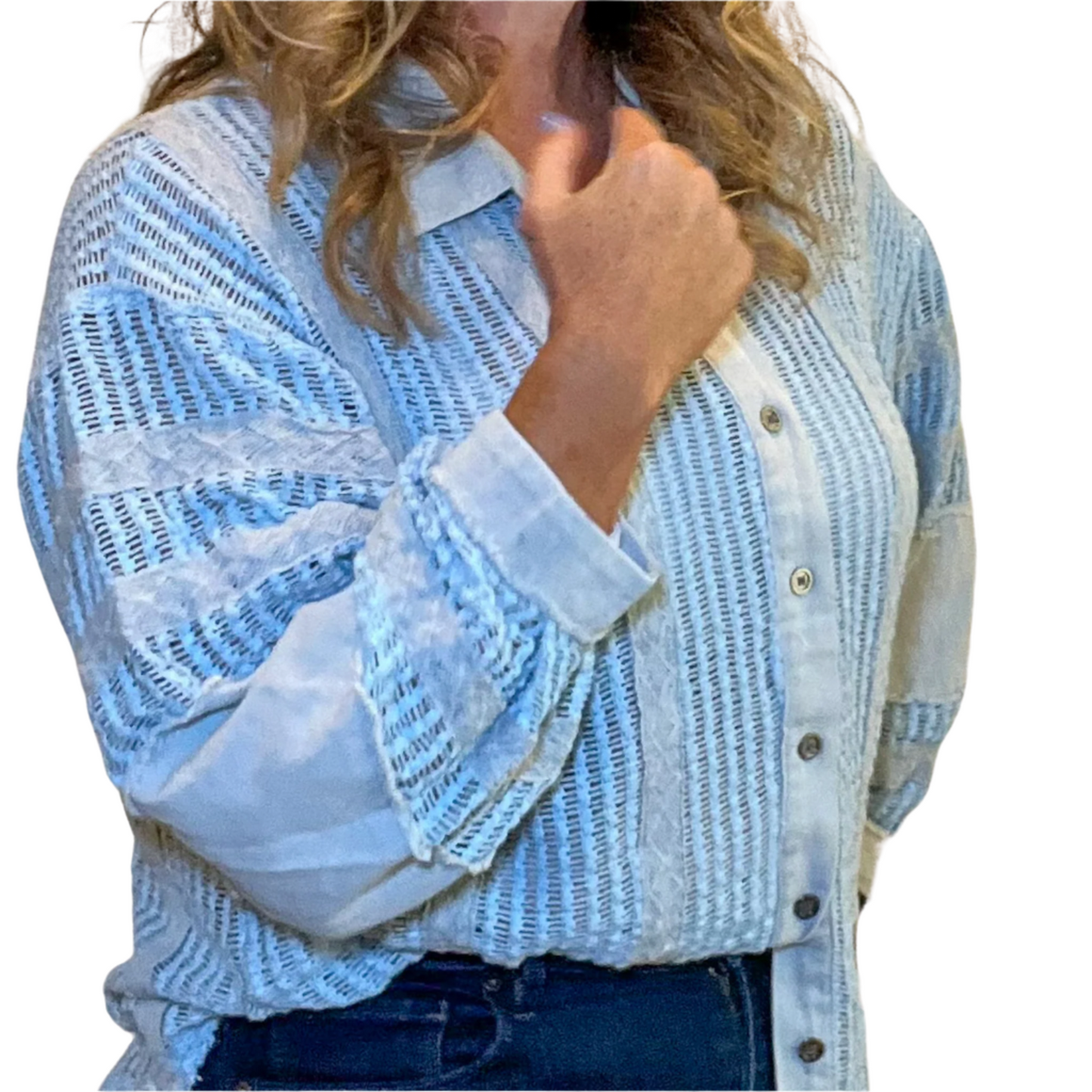 Gone Coastal Long Sleeve Button up Gauze Patchwork Top 